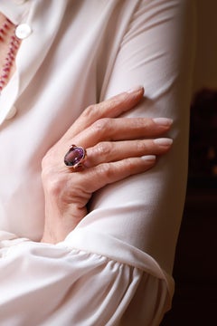 Deco Style 18 Karat White Gold Amethyst Rubelite Cabochon Candy Cocktail Ring