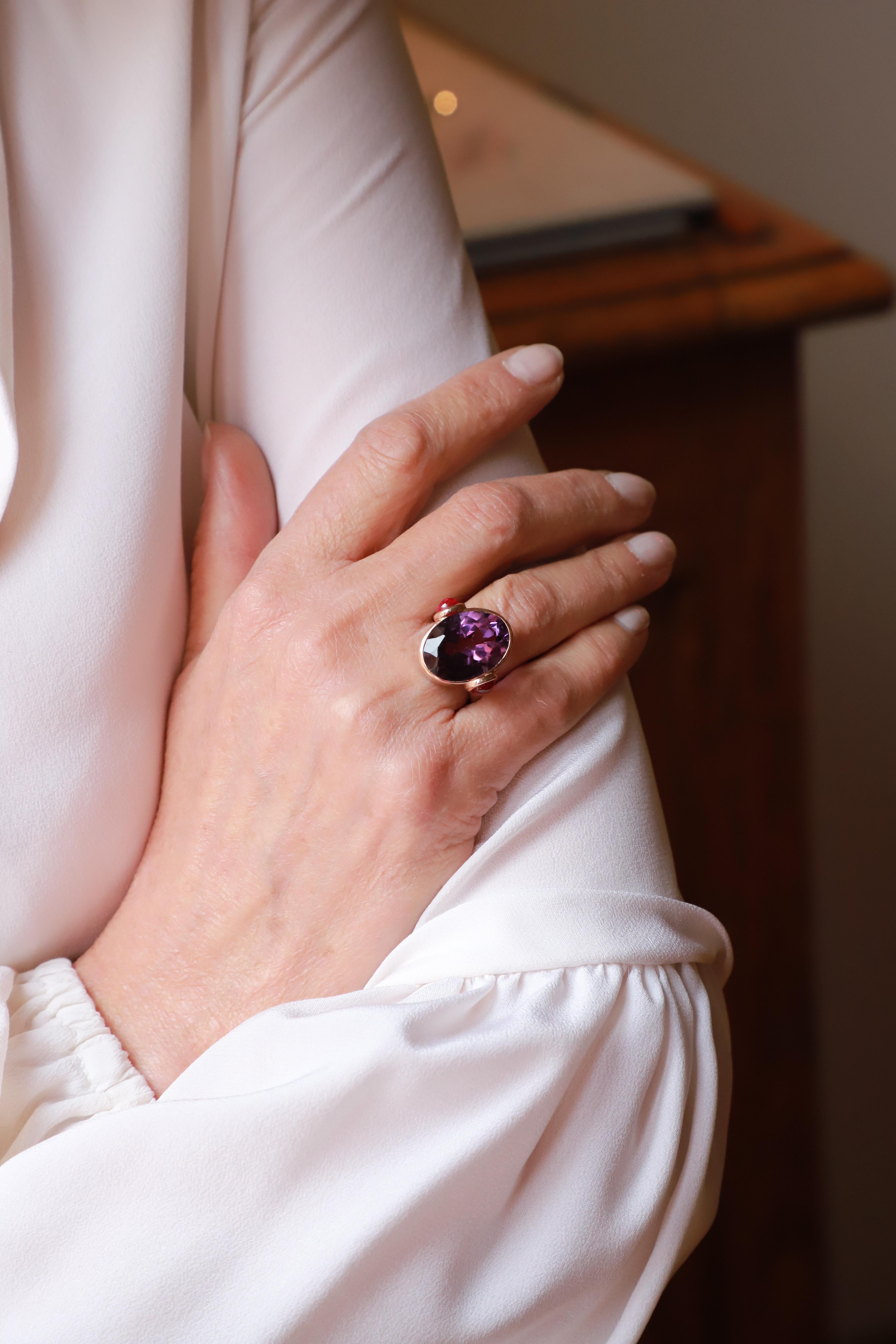Art Deco Deco Style 18 Karat White Gold Amethyst Rubelite Cabochon Candy Cocktail Ring For Sale
