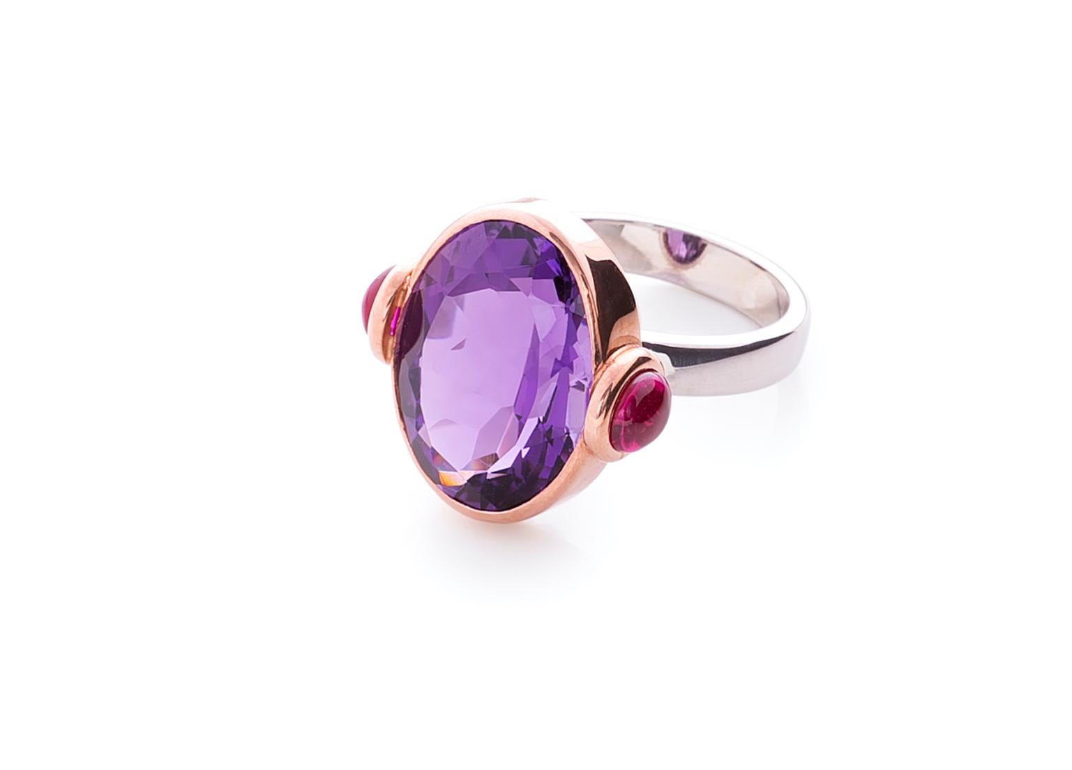 Women's Deco Style 18 Karat White Gold Amethyst Rubelite Cabochon Candy Cocktail Ring For Sale