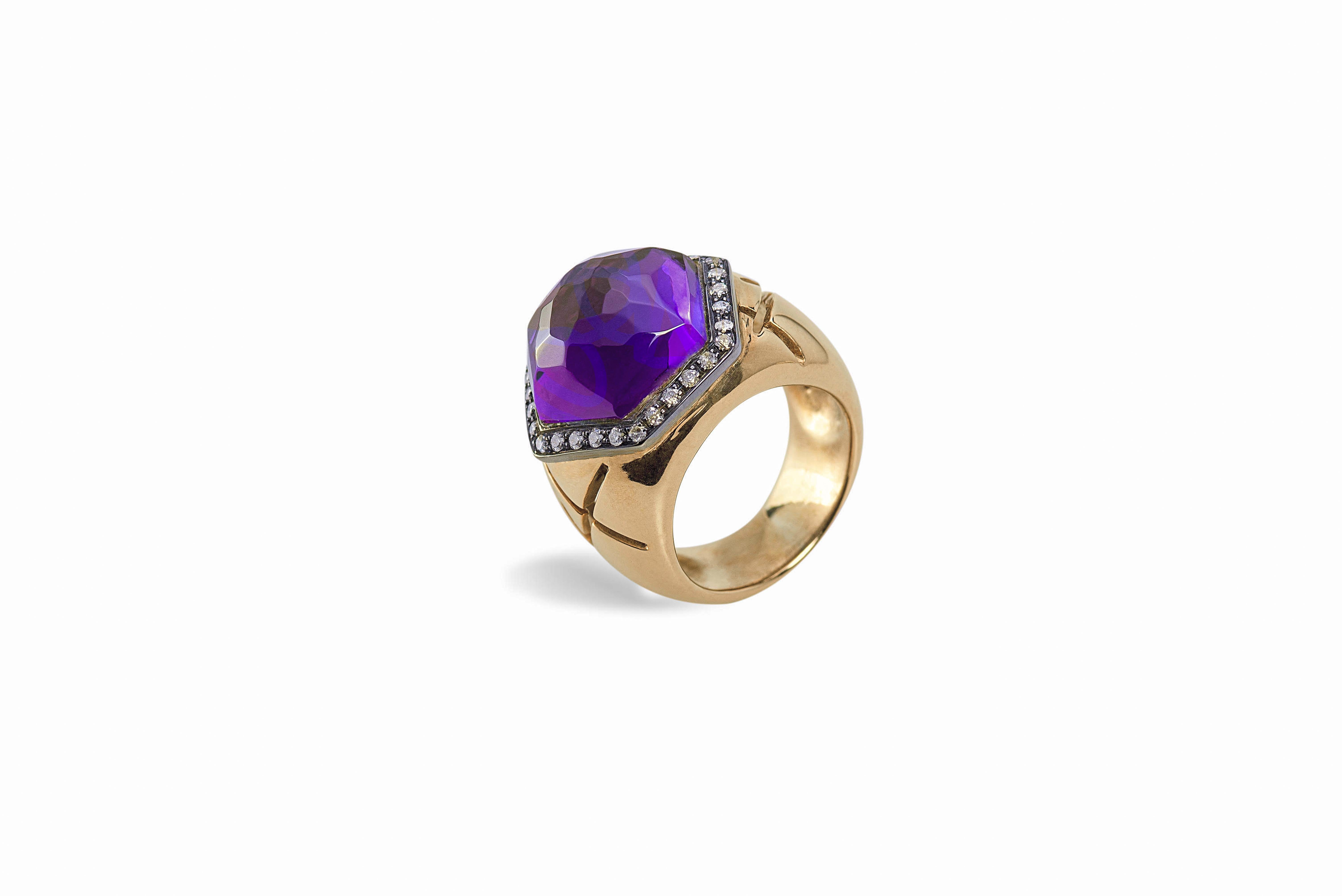 Design octogonal en or jaune 18 carats avec améthyste et diamants de 0,40 carat, style Art déco en vente 2