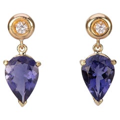 Deco Style 18 Karats 0.10 Grey Diamonds Yellow Gold Blu Iolite Drop Earrings 