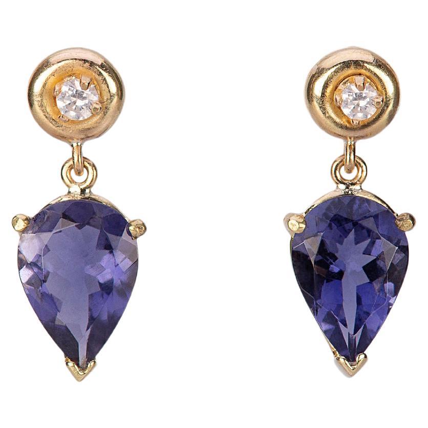 Boucles d'oreilles en goutte de style déco en or jaune 18 carats avec iolite bleue et diamants gris de 0,10 carat