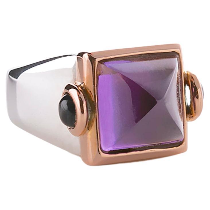 Rossella Ugolini Design Collection 18 Karats Rose & White Gold Pyramid Cut Amethyst Green Tourmaline Design Ring. 
The bezel is available also in 18 Karats yellow gold.
A beautiful cocktail ring handcrafted in 18 karats rose and white gold and