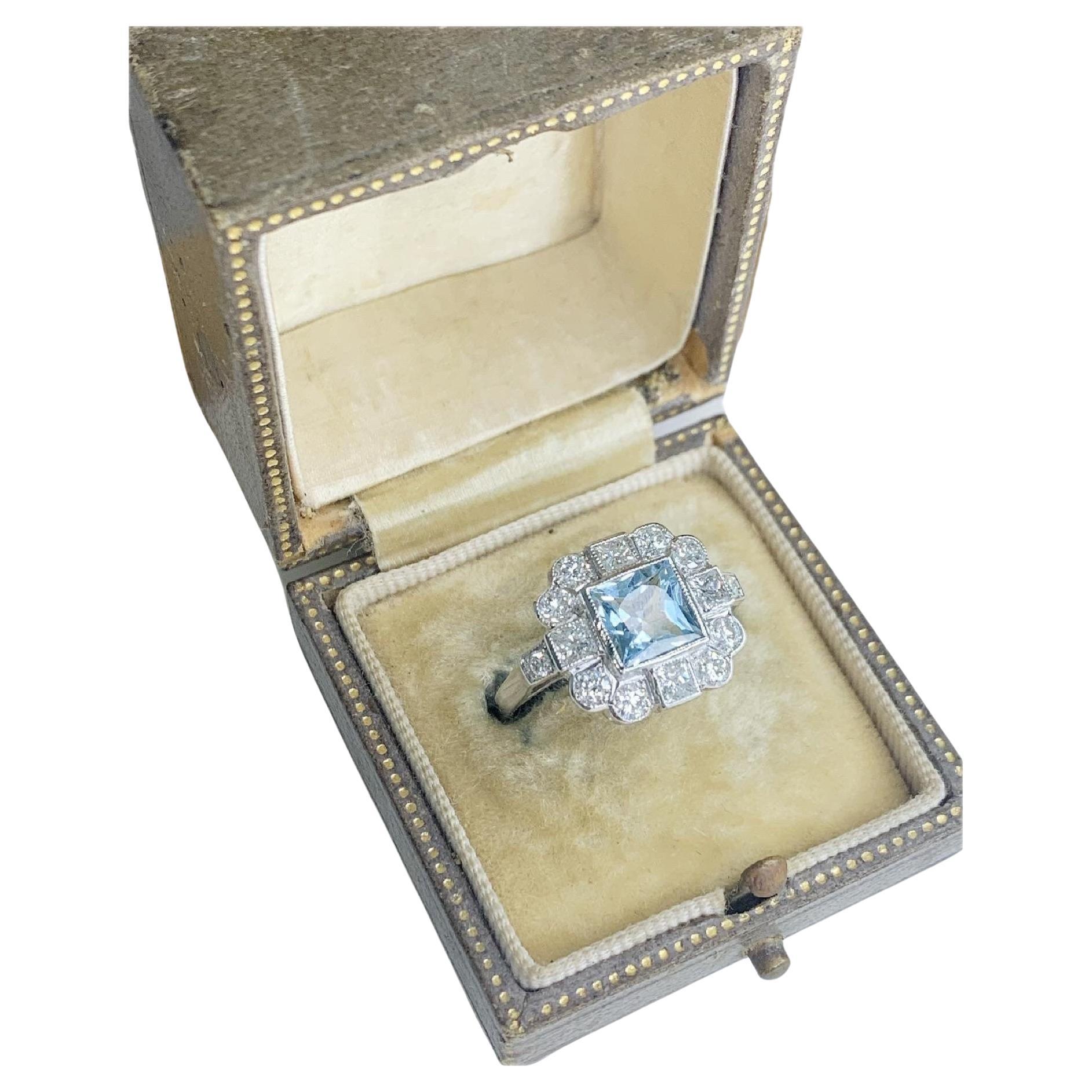 Deco Style 18ct White Gold Aquamarine & Diamond Ring For Sale