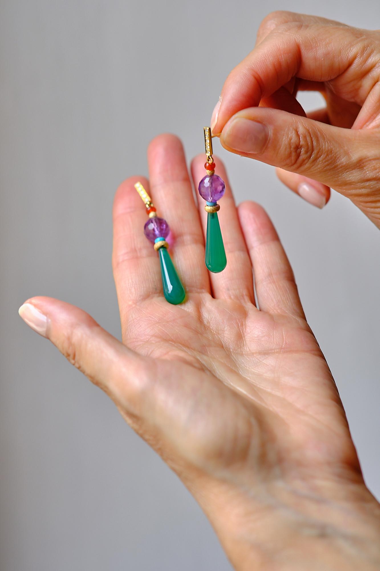Deco Style 18karat Gold Brilliant Cut Diamond Amethyst Turquoise Dangle Earrings In New Condition For Sale In Rome, IT