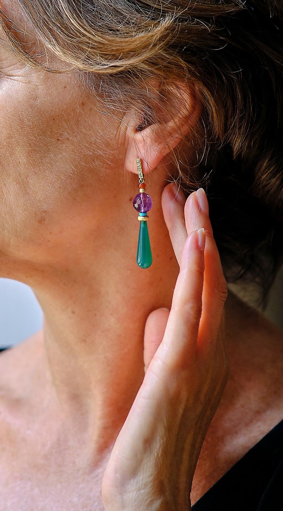 Women's Deco Style 18karat Gold Brilliant Cut Diamond Amethyst Turquoise Dangle Earrings For Sale