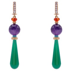 Pendientes colgantes de oro de 18 quilates con diamantes talla brillante amatista turquesa estilo deco