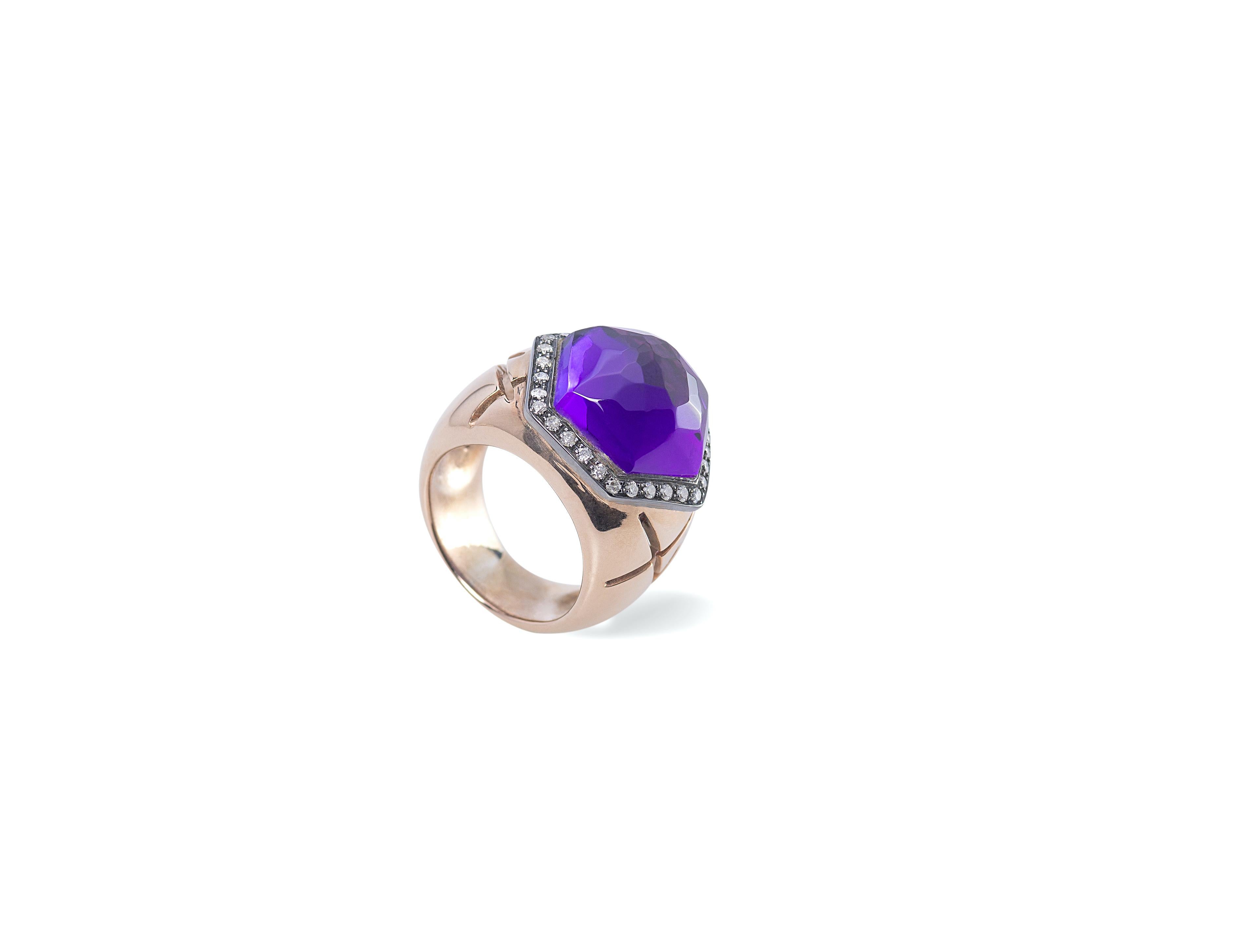 Rossella Ugolini Hexagonal Amethyst Cocktail Ring 18K Gold and Diamonds For Sale 3