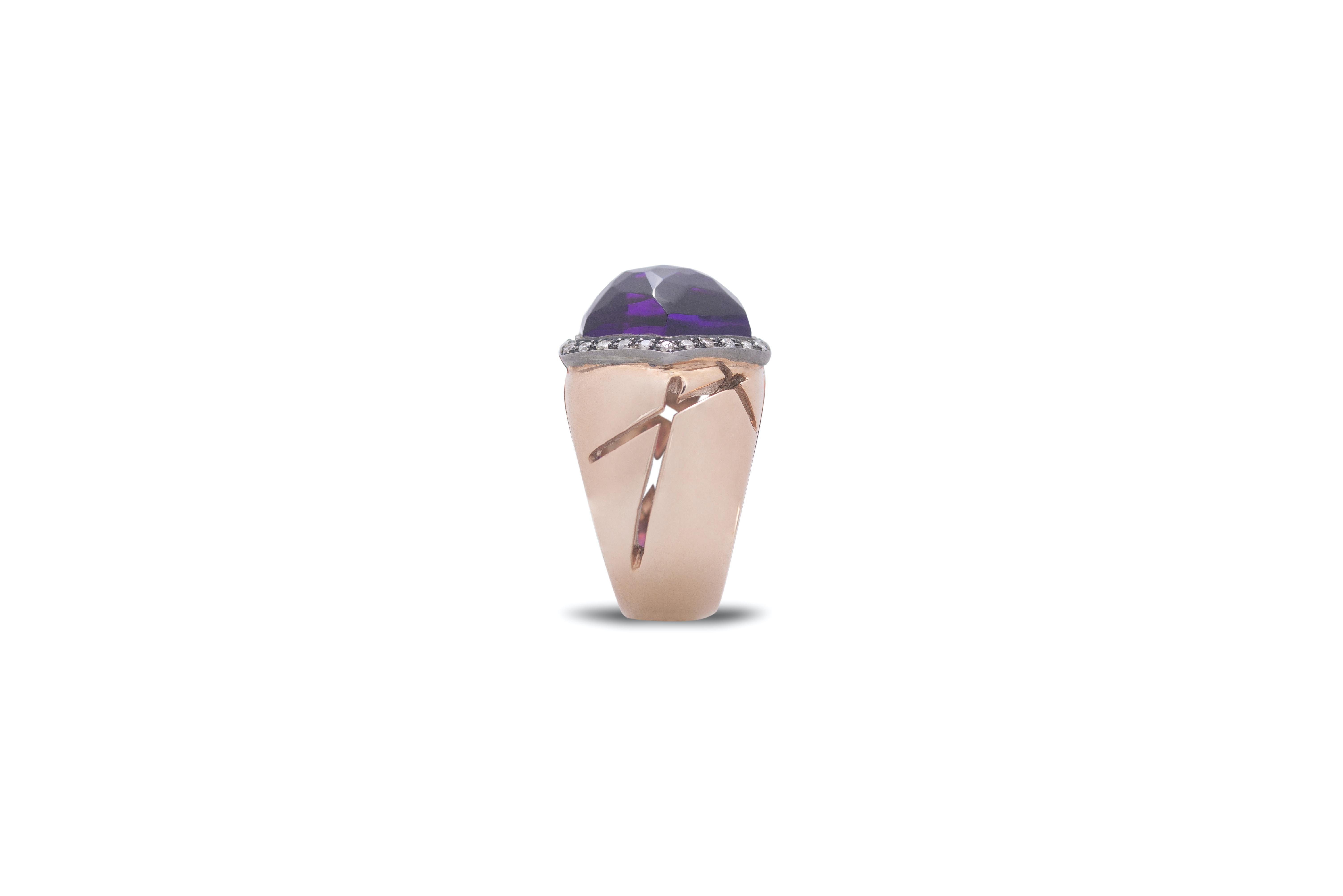 Rossella Ugolini Hexagonal Amethyst Cocktail Ring 18K Gold and Diamonds For Sale 5