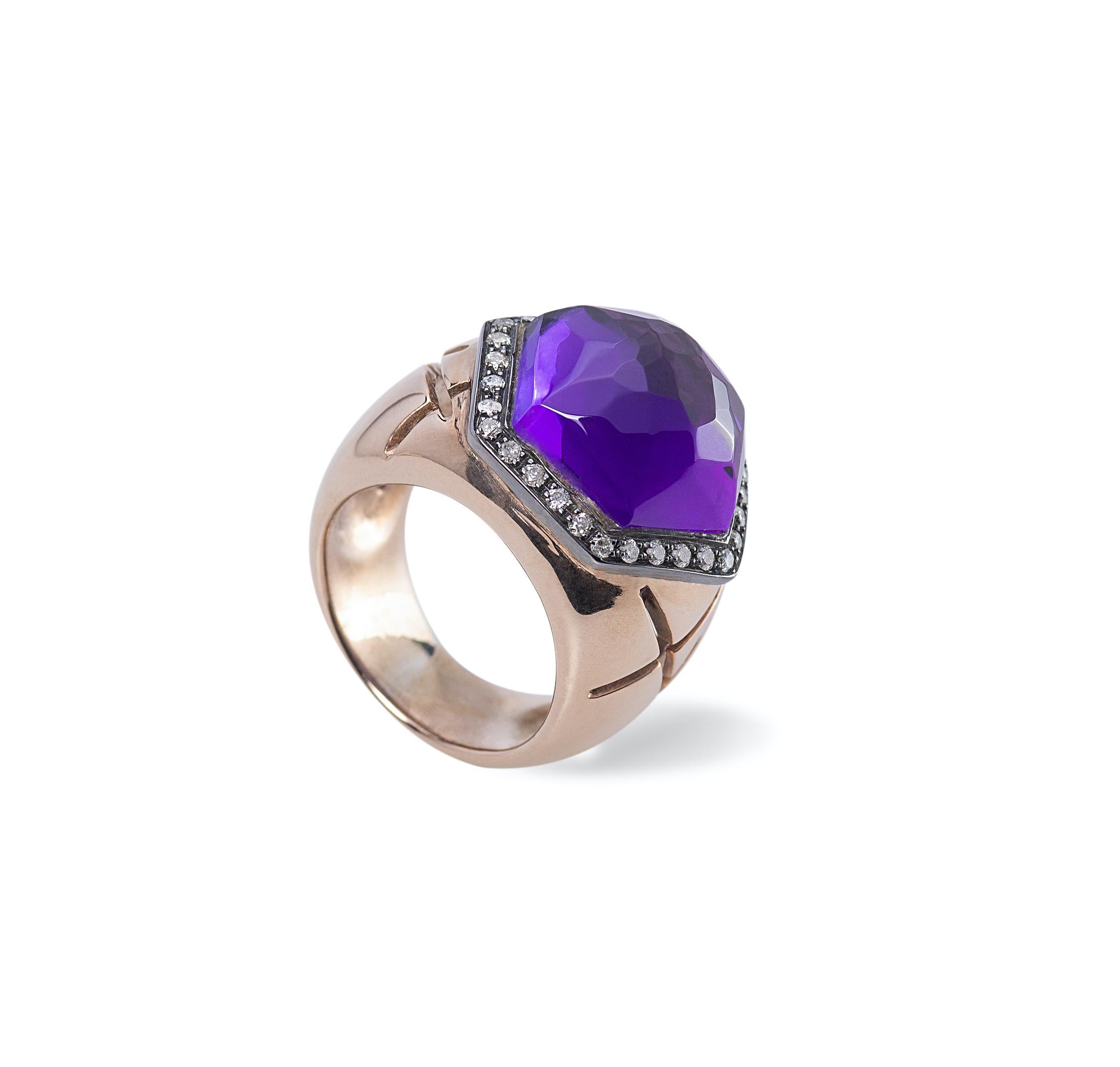 Rossella Ugolini Hexagonal Amethyst Cocktail Ring 18K Gold and Diamonds For Sale 10