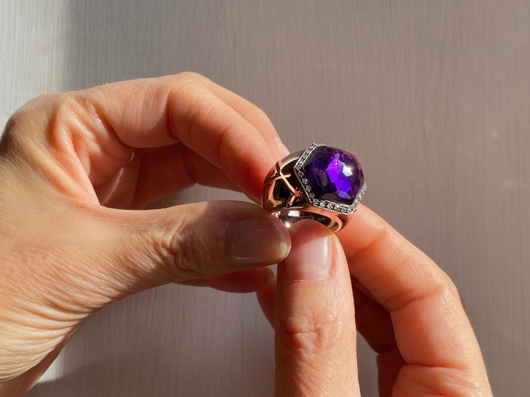 Rossella Ugolini Hexagonal Amethyst Cocktail Ring 18K Gold and Diamonds In New Condition For Sale In Rome, IT
