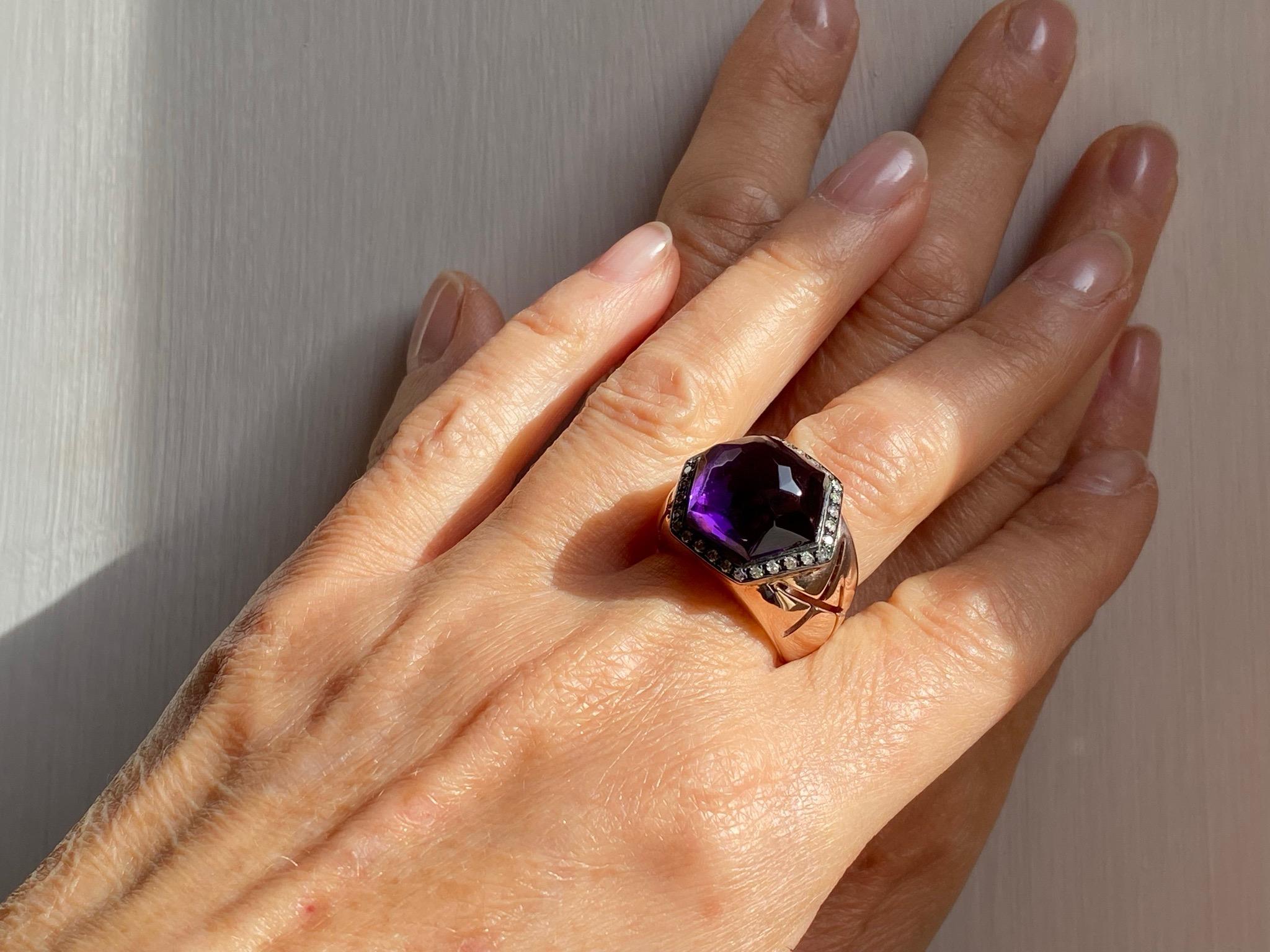 Rossella Ugolini Hexagonal Amethyst Cocktail Ring 18K Gold and Diamonds For Sale 1