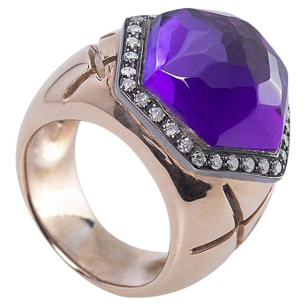 Rossella Ugolini Hexagonal Amethyst Cocktail Ring 18K Gold and Diamonds For Sale