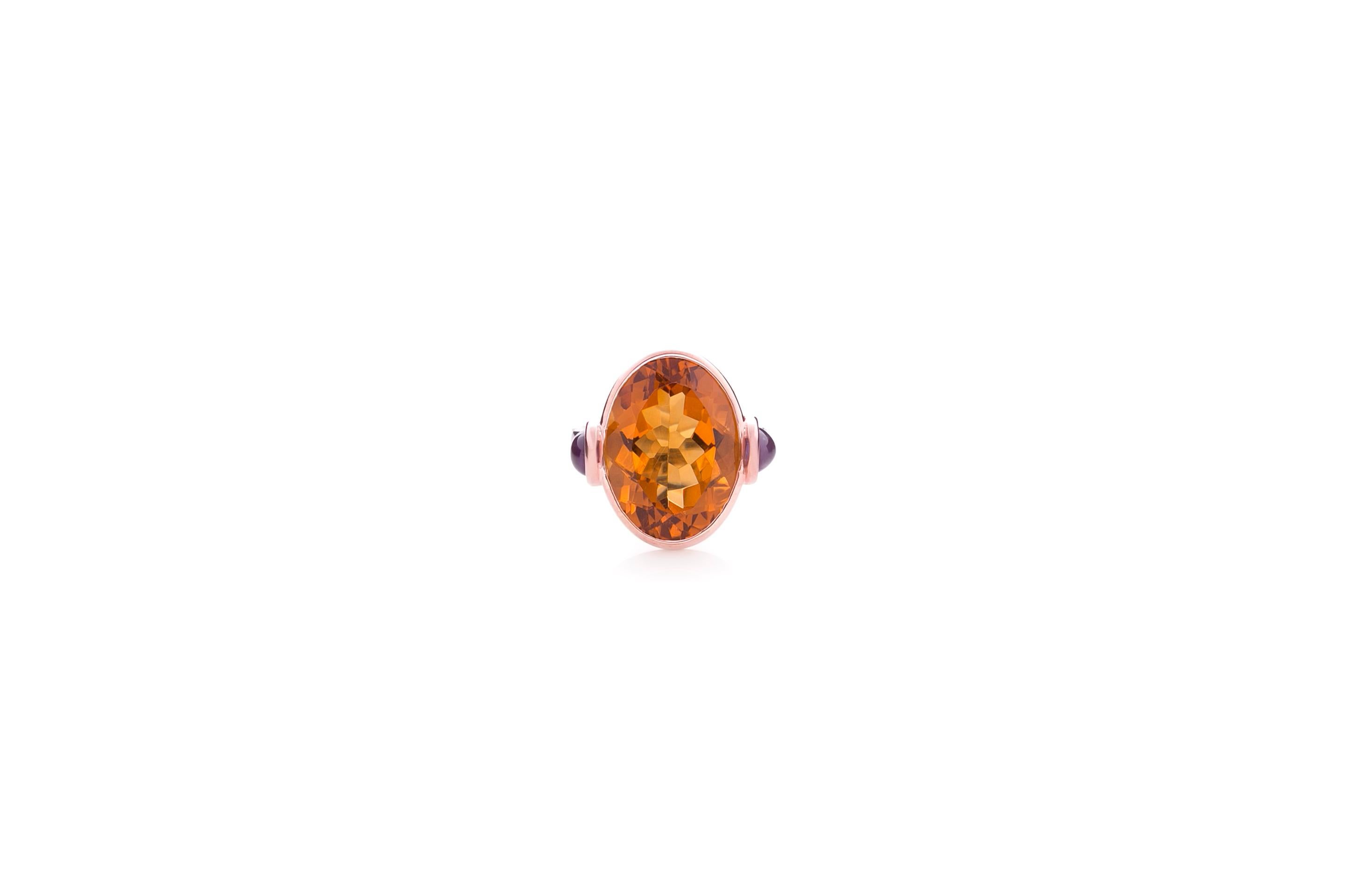 Art Deco Deco Style 18 Karat Yellow Gold Citrine Amethyst Cabochon Candy Cocktail Ring For Sale