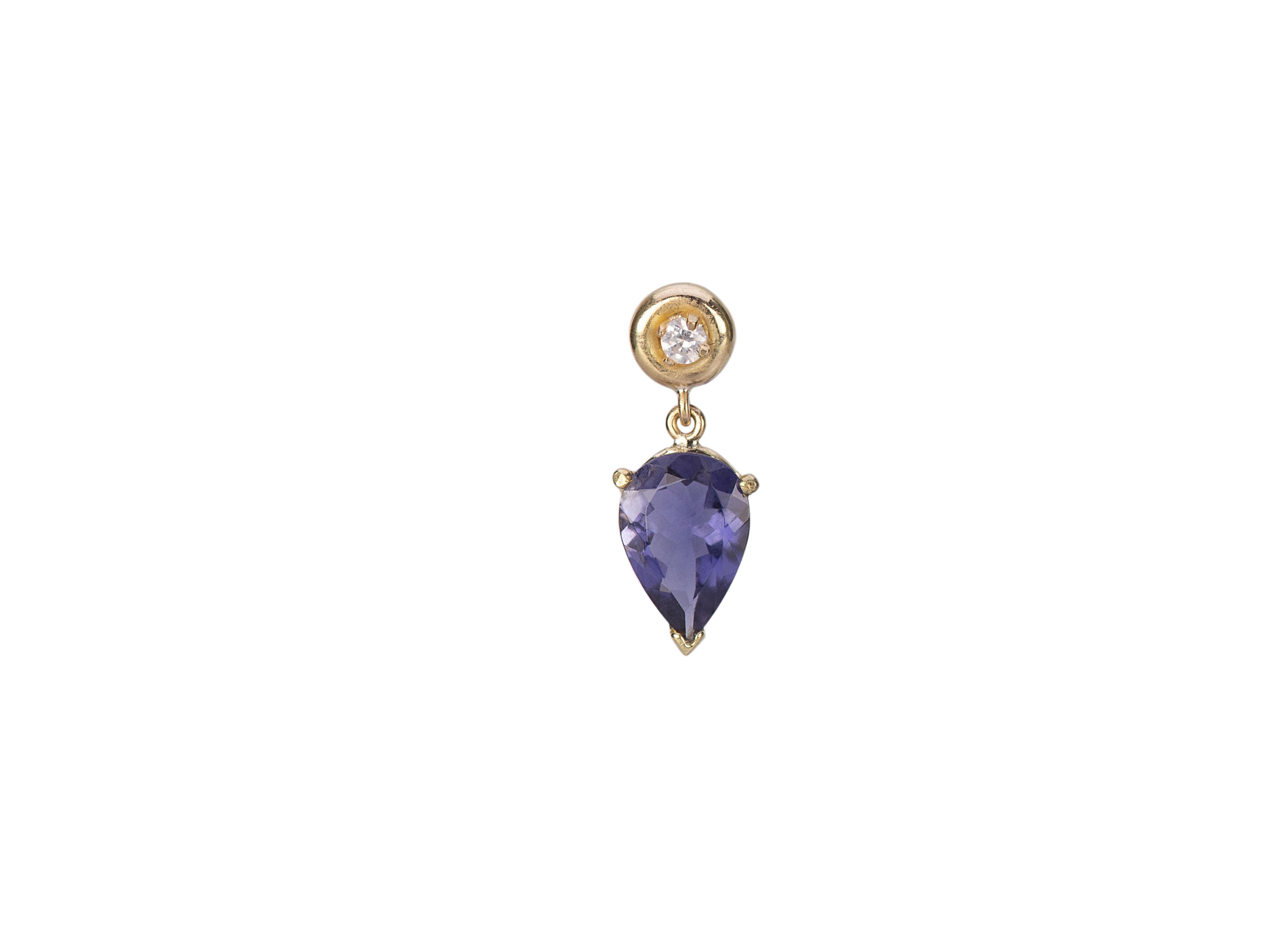 Boucles d'oreilles en goutte Dainty en or jaune 18 carats avec diamants gris et iolite bleue de 0,10 carat Unisexe en vente
