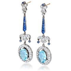 Deco Style Aquamarine Diamond Sapphire Platinum Drop Earrings