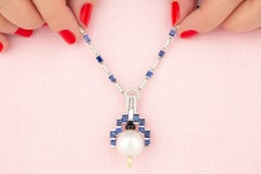 Déco Style Blue Sapphire Diamond Necklace Earrings Set by Ella Gafter