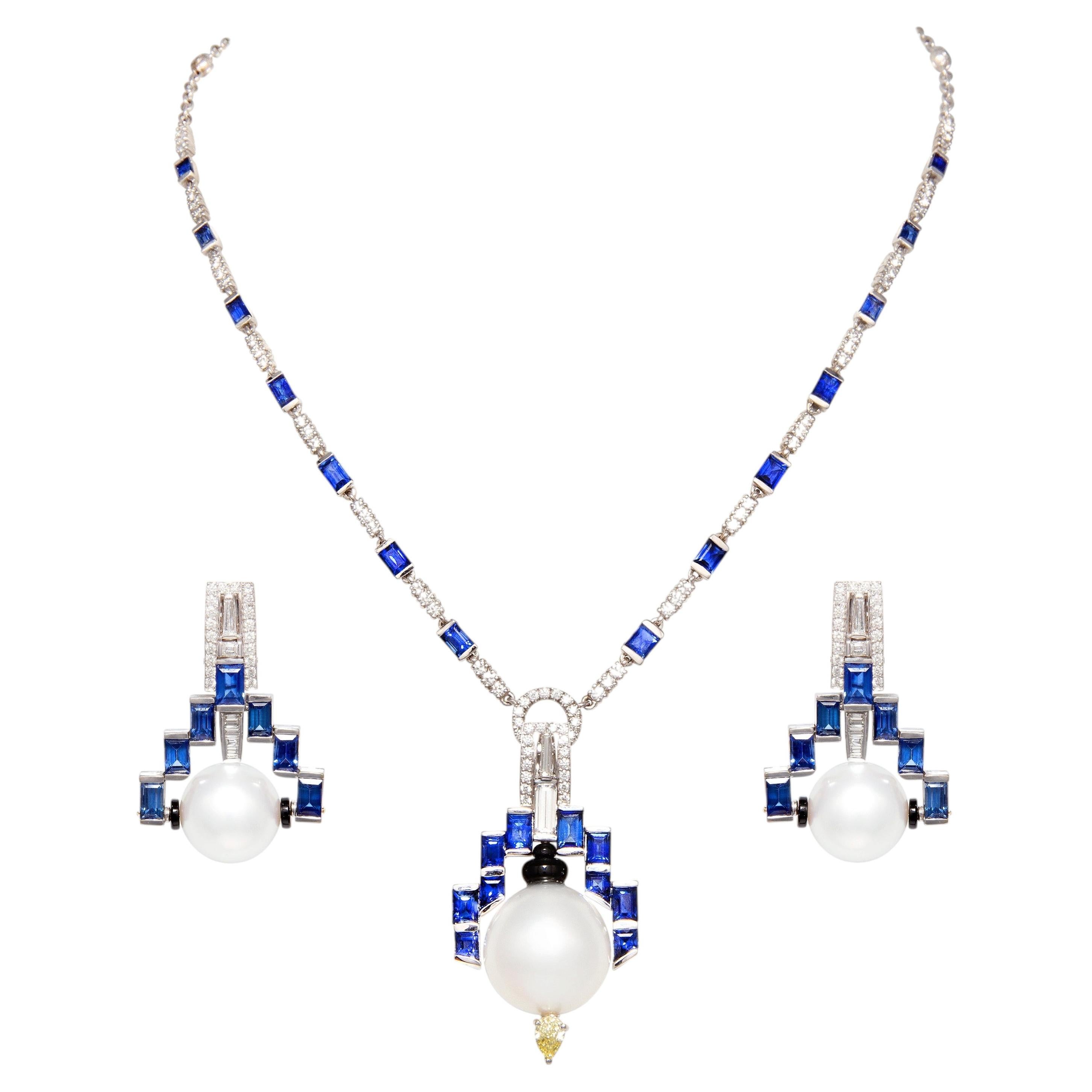 Déco Style Blauer Saphir Diamant Halskette Ohrringe Set von Ella Gafter