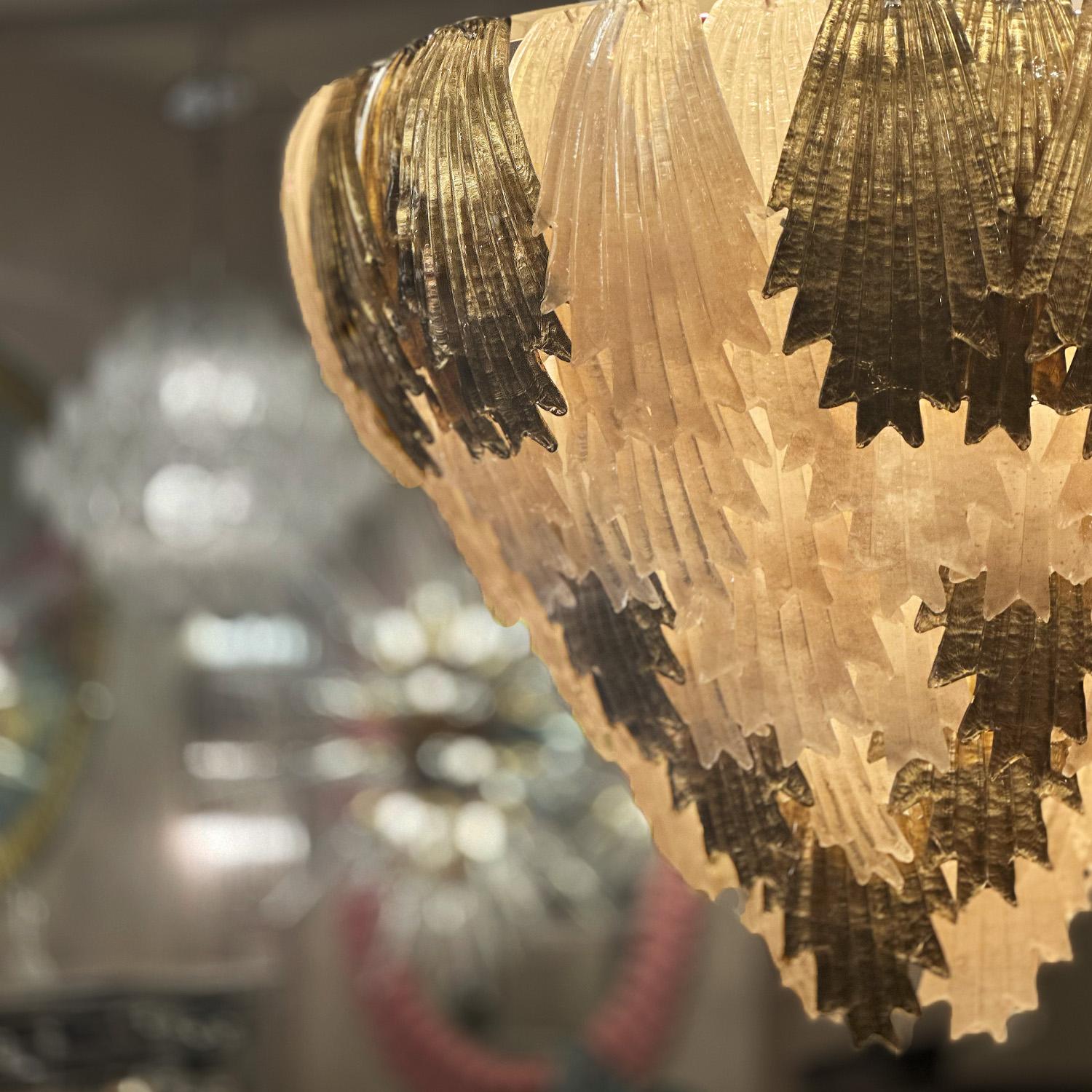 Hand-Crafted Deco Style Cascading Murano Glass Leaf Chandelier For Sale