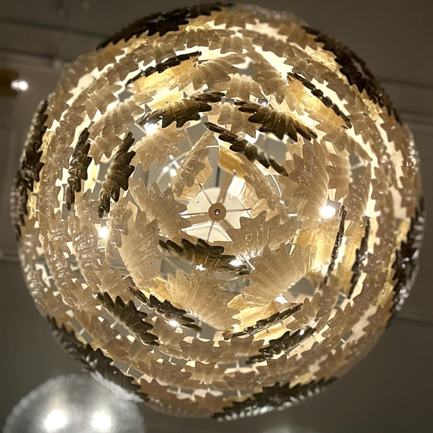 Contemporary Deco Style Cascading Murano Glass Leaf Chandelier For Sale