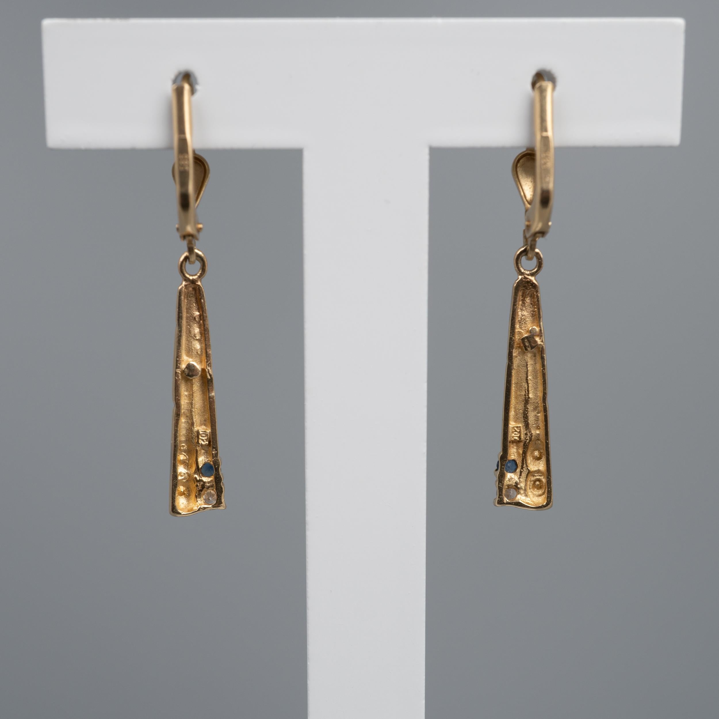 Deco Style Ceylon Sapphire Diamond Dangle Earrings 14 Karat Yellow Gold 1