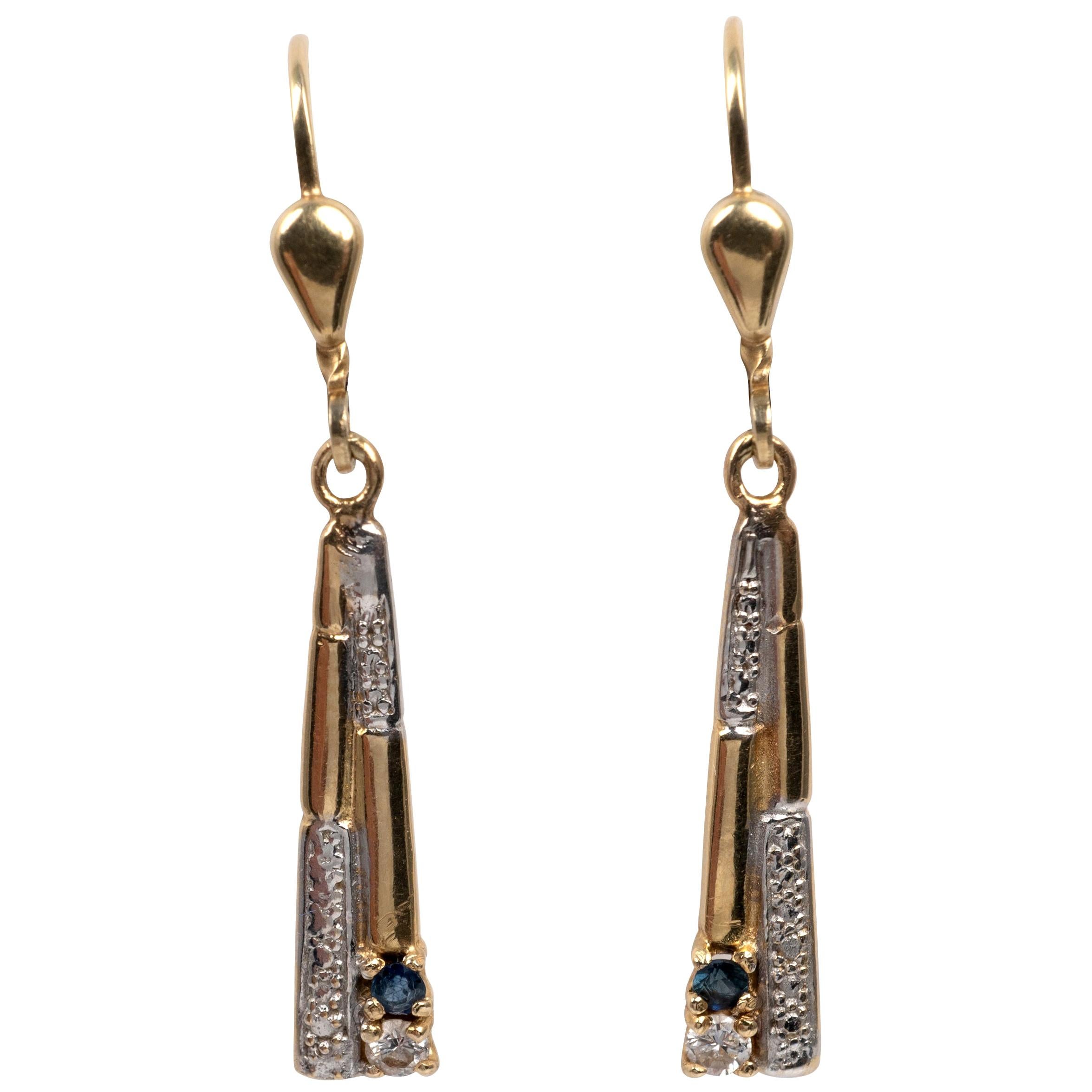 Deco Style Ceylon Sapphire Diamond Dangle Earrings 14 Karat Yellow Gold