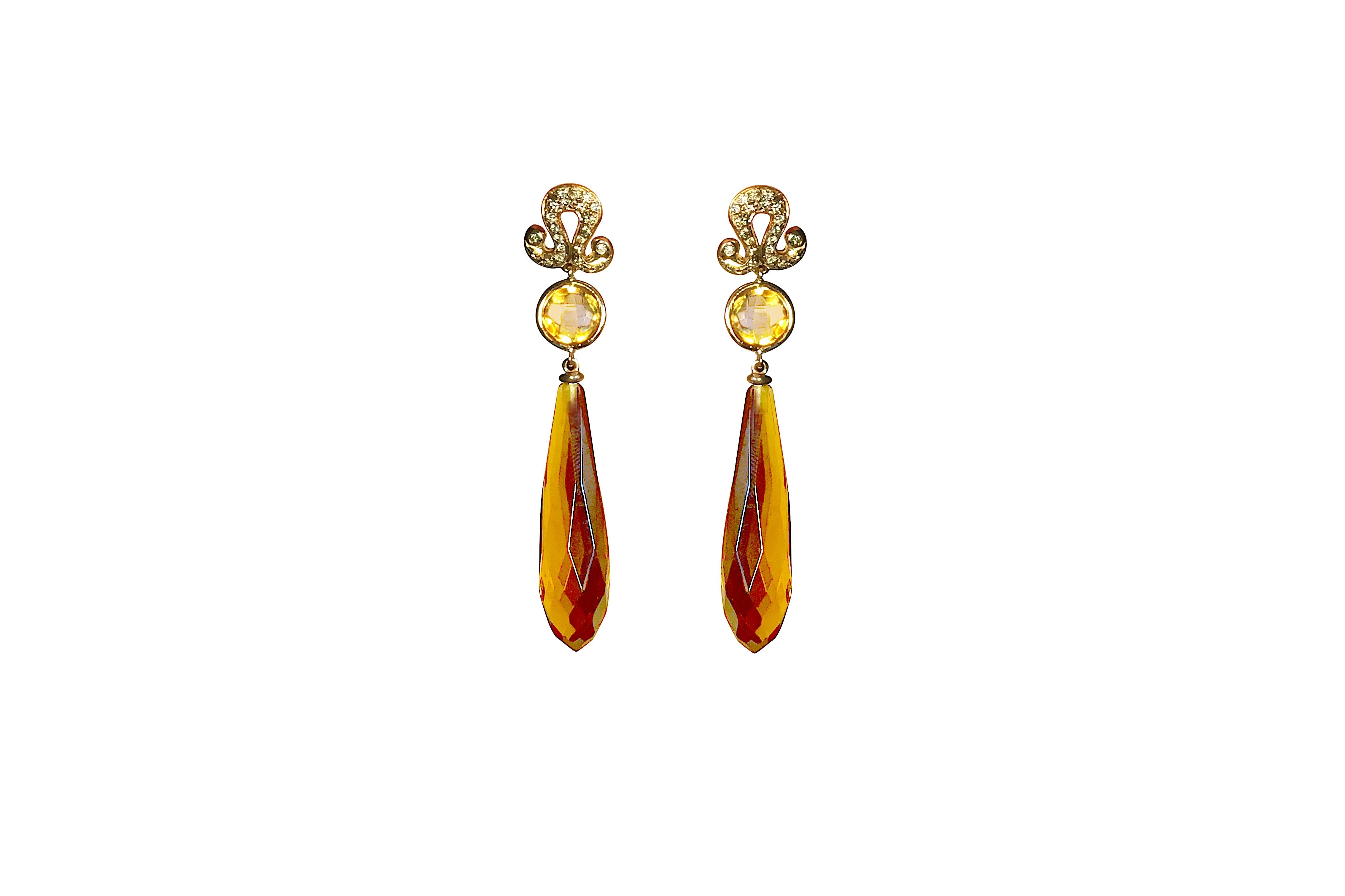 Art Deco Citrine 0.20 Karat Diamonds 18K Gold Honey Color Deco Style Dangle Earrings For Sale