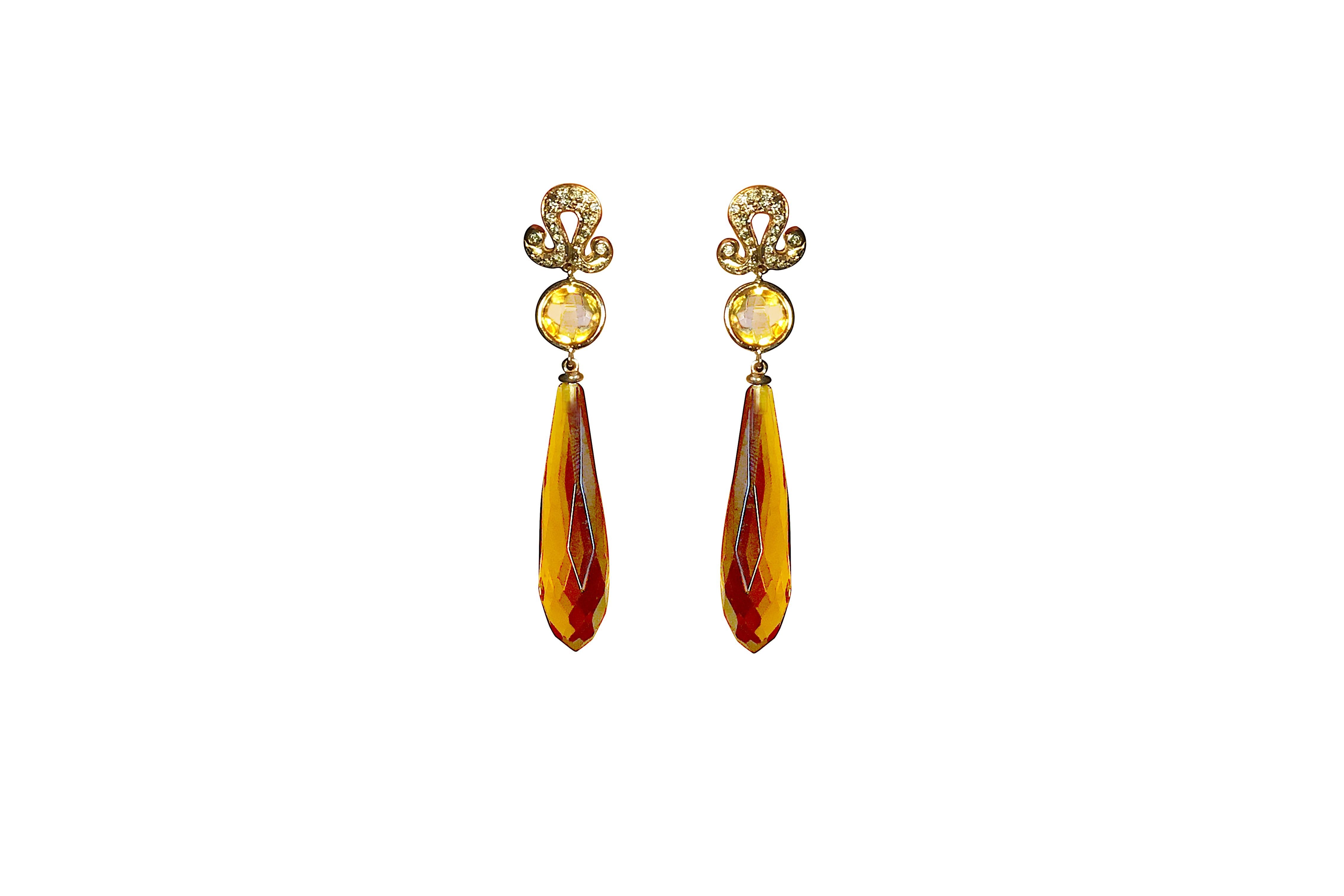 Citrine 0.20 Karat Diamonds 18K Gold Honey Color Deco Style Dangle Earrings In New Condition For Sale In Rome, IT