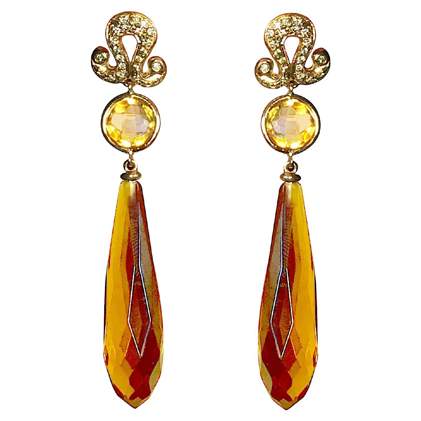 Citrine 0.20 Karat Diamonds 18K Gold Honey Color Deco Style Dangle Earrings For Sale