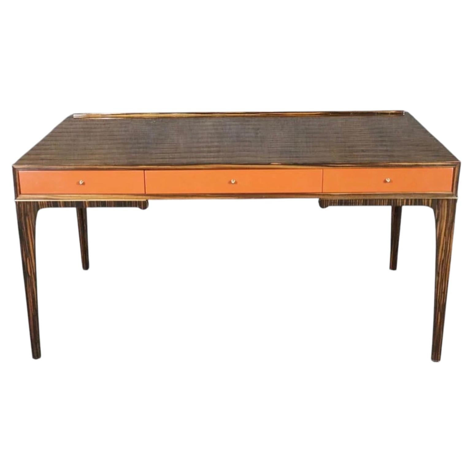 Deco Style Desk w/ Exotic Macassar Wood & Leather Drawers For Sale