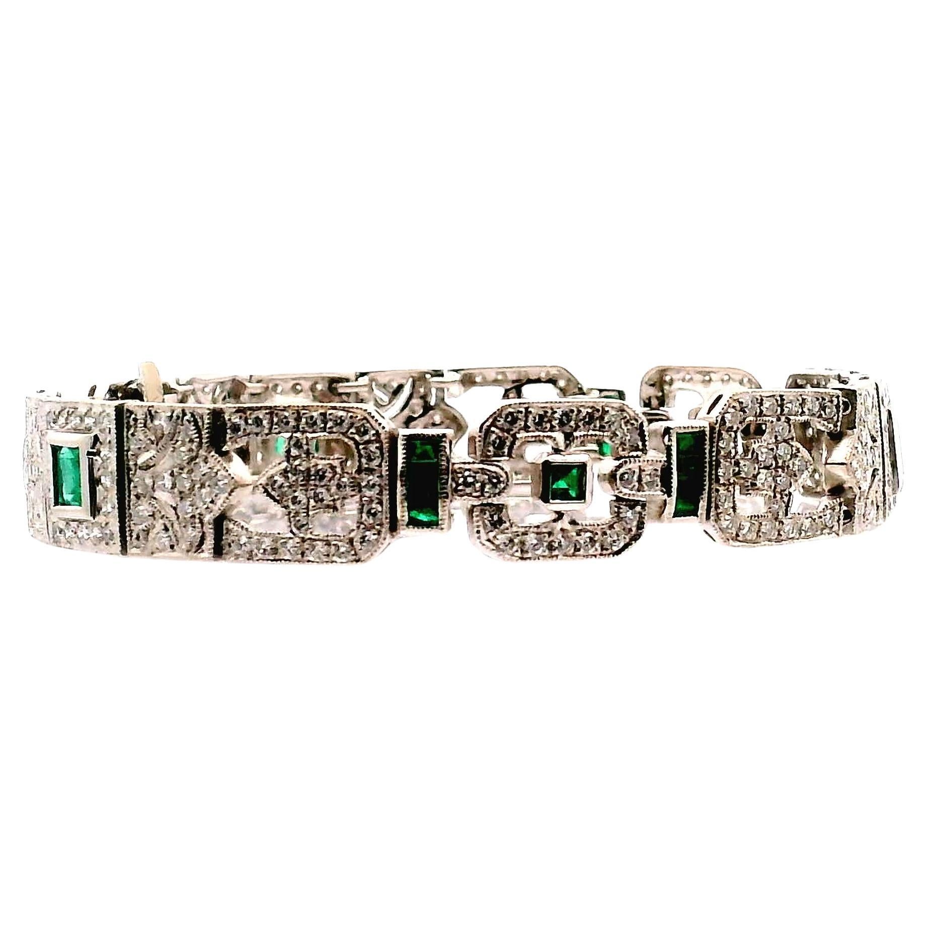 Deco Style Diamond And Emerald Bracelet For Sale