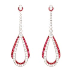 Vintage Deco-Style Diamond and Ruby Chandelier Earrings, circa 1950s