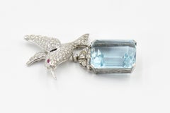 Deco Style Diamond Bird on Aquamarine White Gold Brooch or Pendant