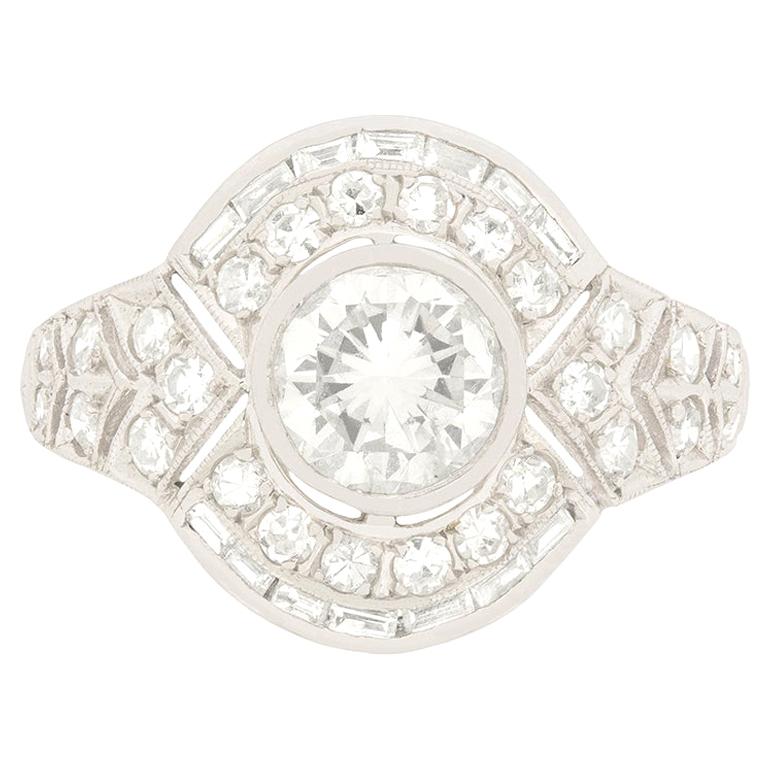 Deco Style Diamond Cluster Ring with Engraved Band, circa 1950s