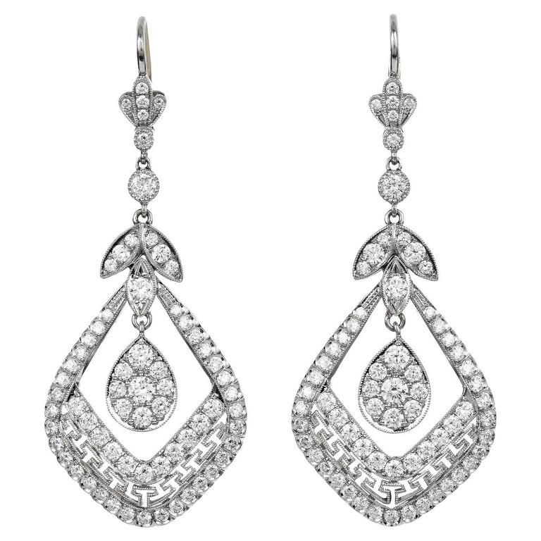 Deco Style Diamond Platinum Filigree Greek Design Dangle Drop Earrings