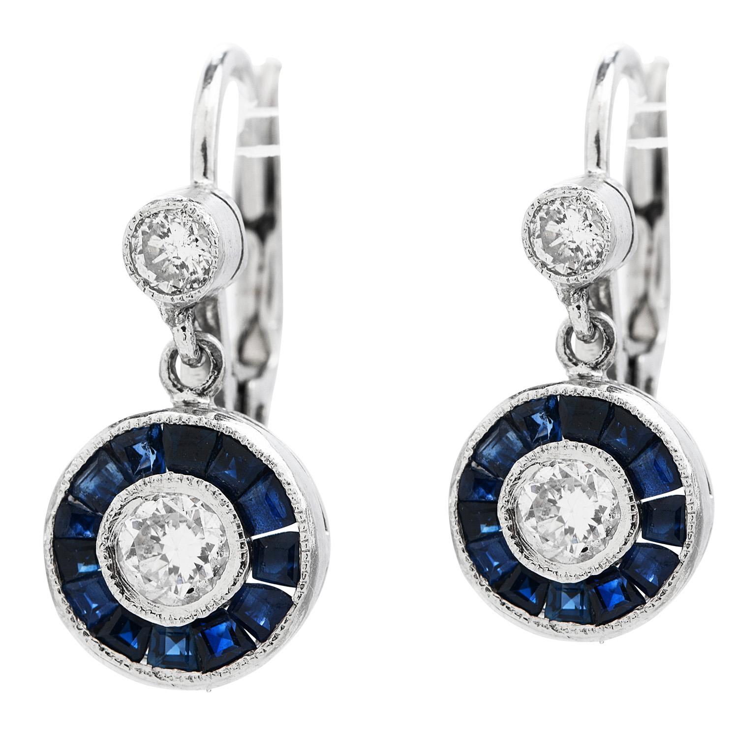 French Cut Deco Style Diamond Sapphire Platinum Dangle Earrings