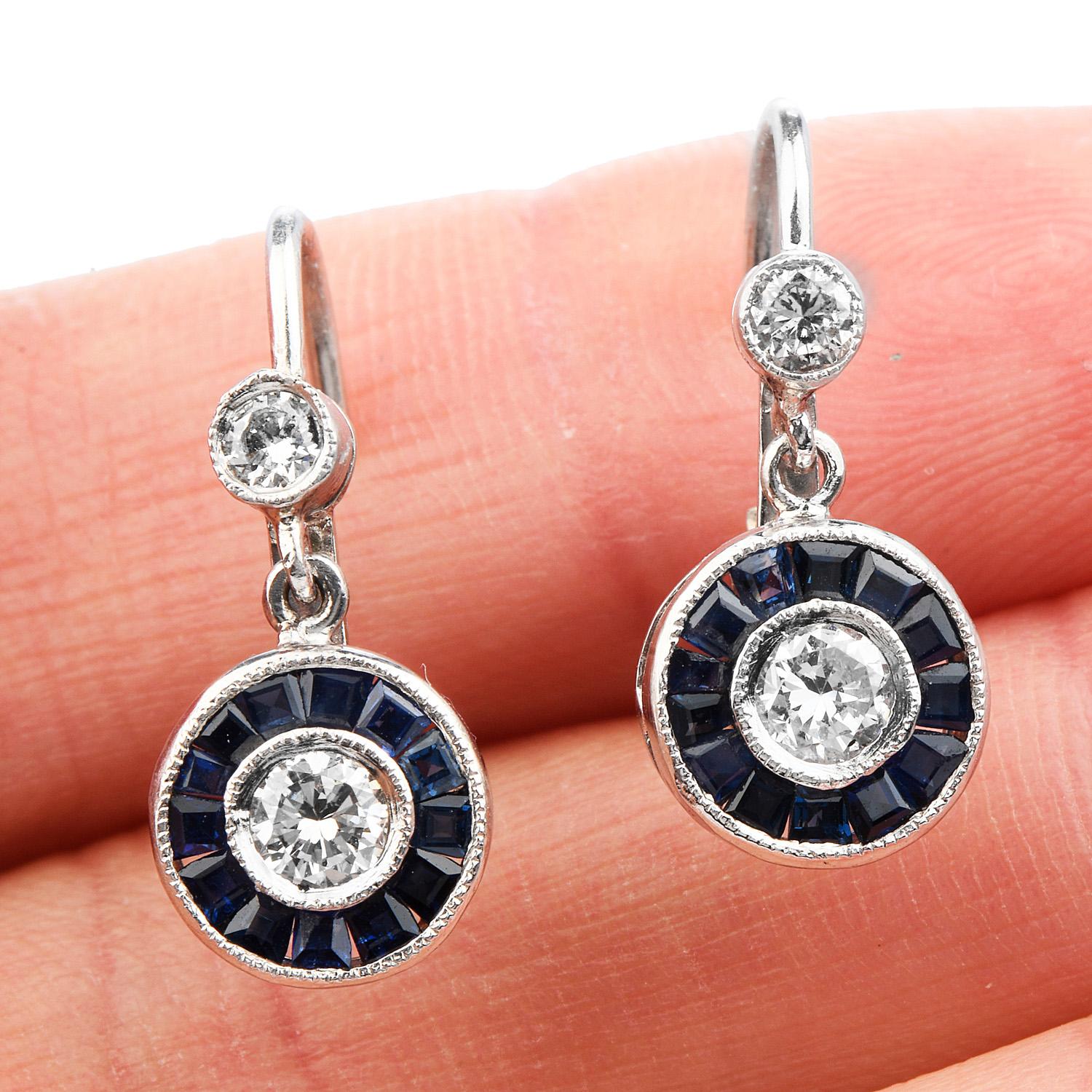 Women's Deco Style Diamond Sapphire Platinum Dangle Earrings