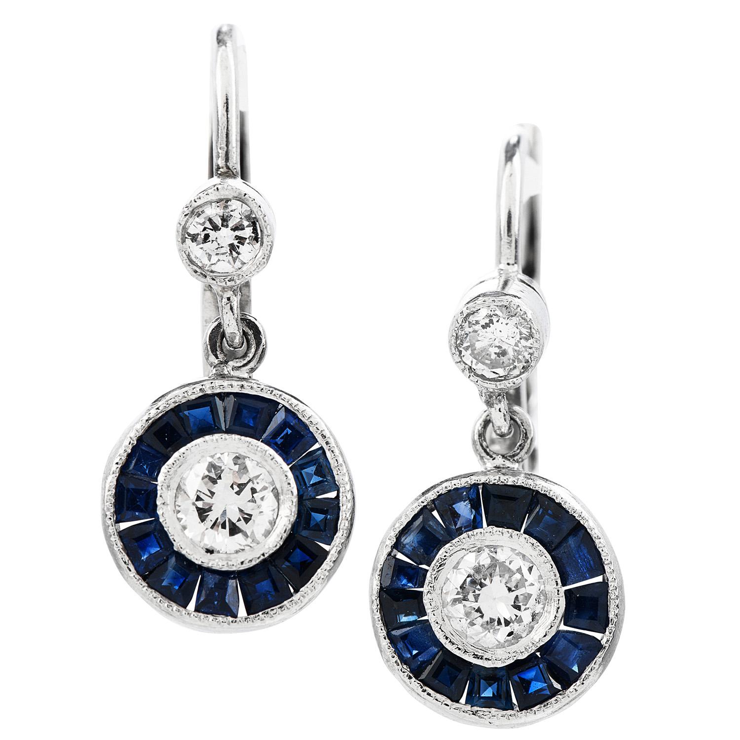Deco Style Diamond Sapphire Platinum Dangle Earrings