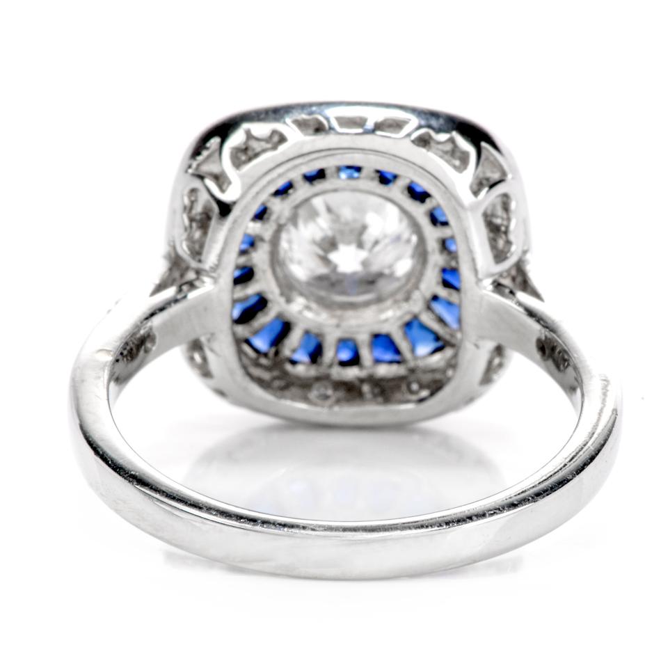 Round Cut Deco Style Diamond Sapphire Platinum Engagement Ring