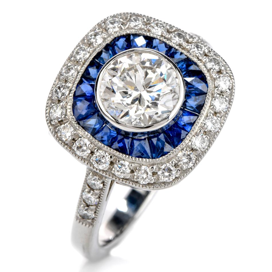 Deco Style Diamond Sapphire Platinum Engagement Ring In Excellent Condition In Miami, FL