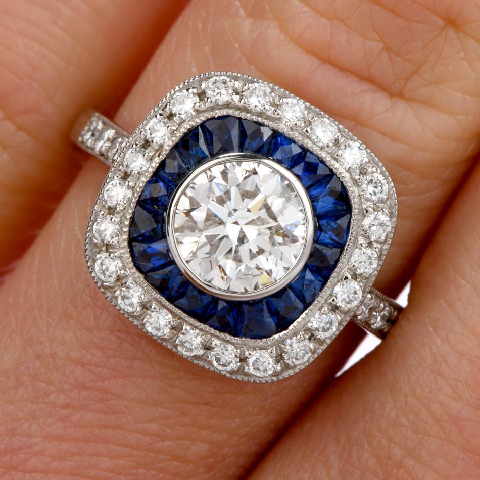 Women's or Men's Deco Style Diamond Sapphire Platinum Engagement Ring
