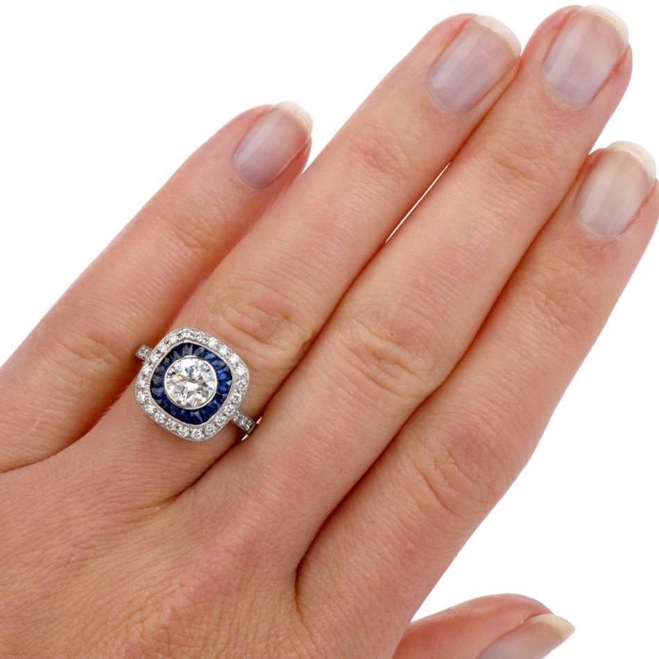 Deco Style Diamond Sapphire Platinum Engagement Ring 1