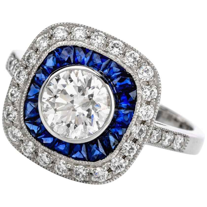 Deco Style Diamond Sapphire Platinum Engagement Ring