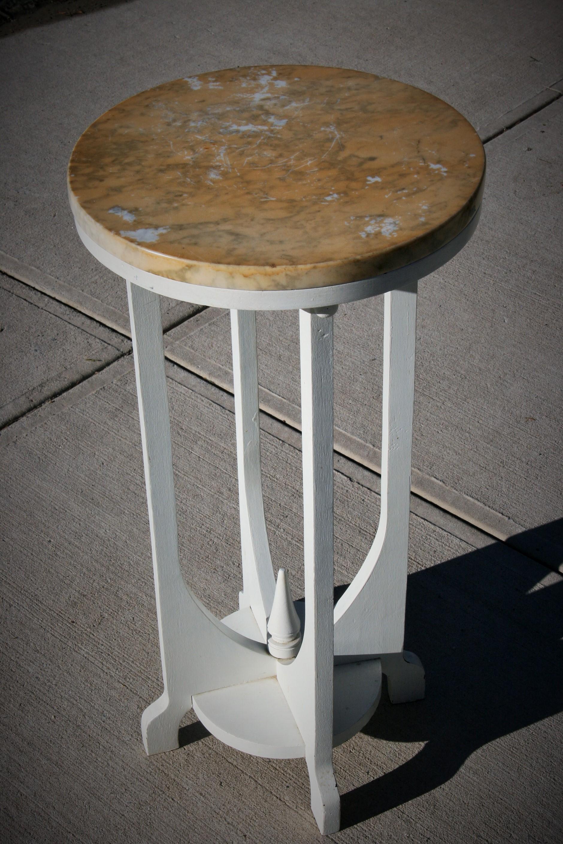 2-337 wood custom made deco style plant stand with marble top.
Marble is white (previous owner applied some stain to surface that can be removed).