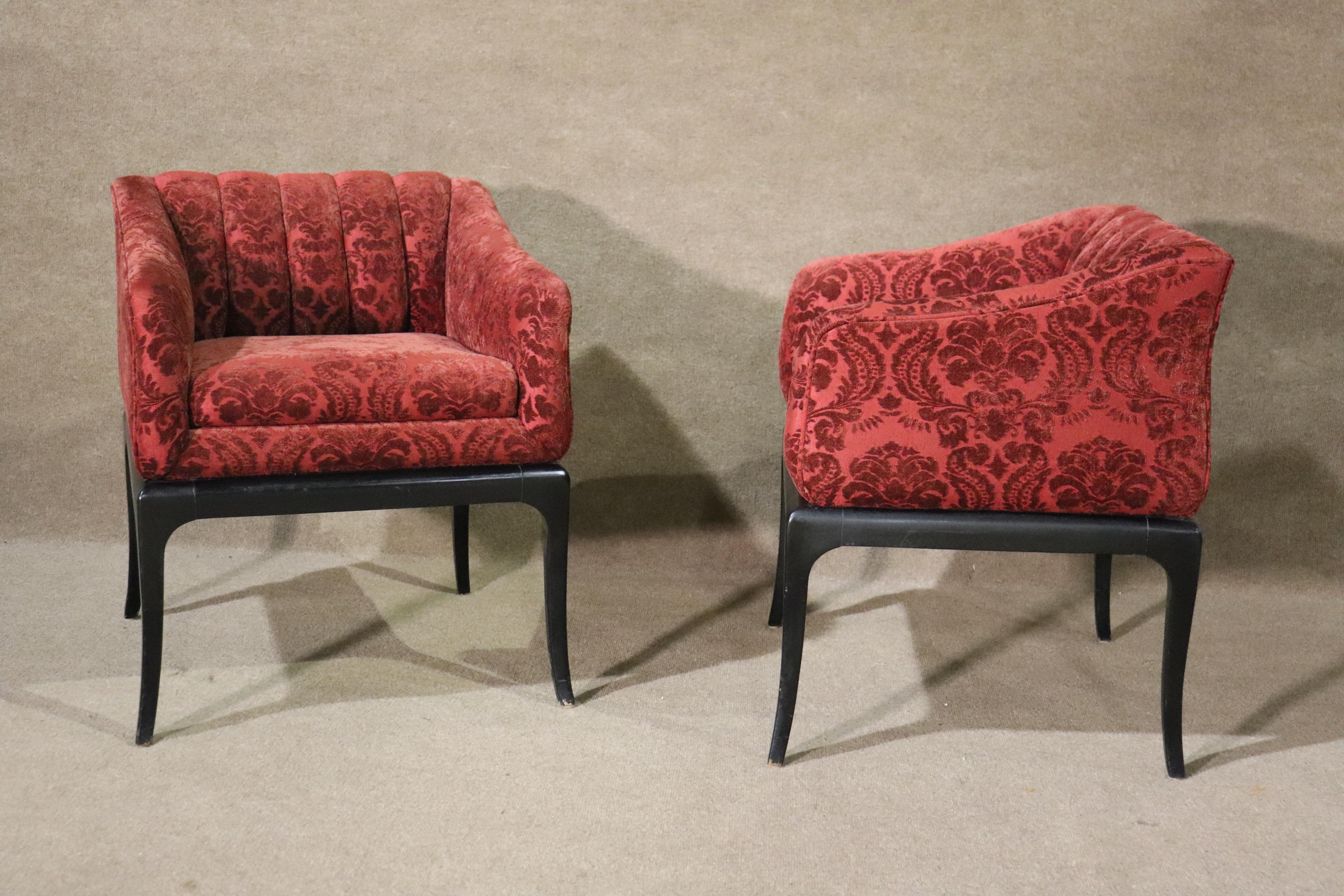 Pair of deco style side chairs in patterned red upholstery on ebonized base. 
Please confirm location NY or NJ