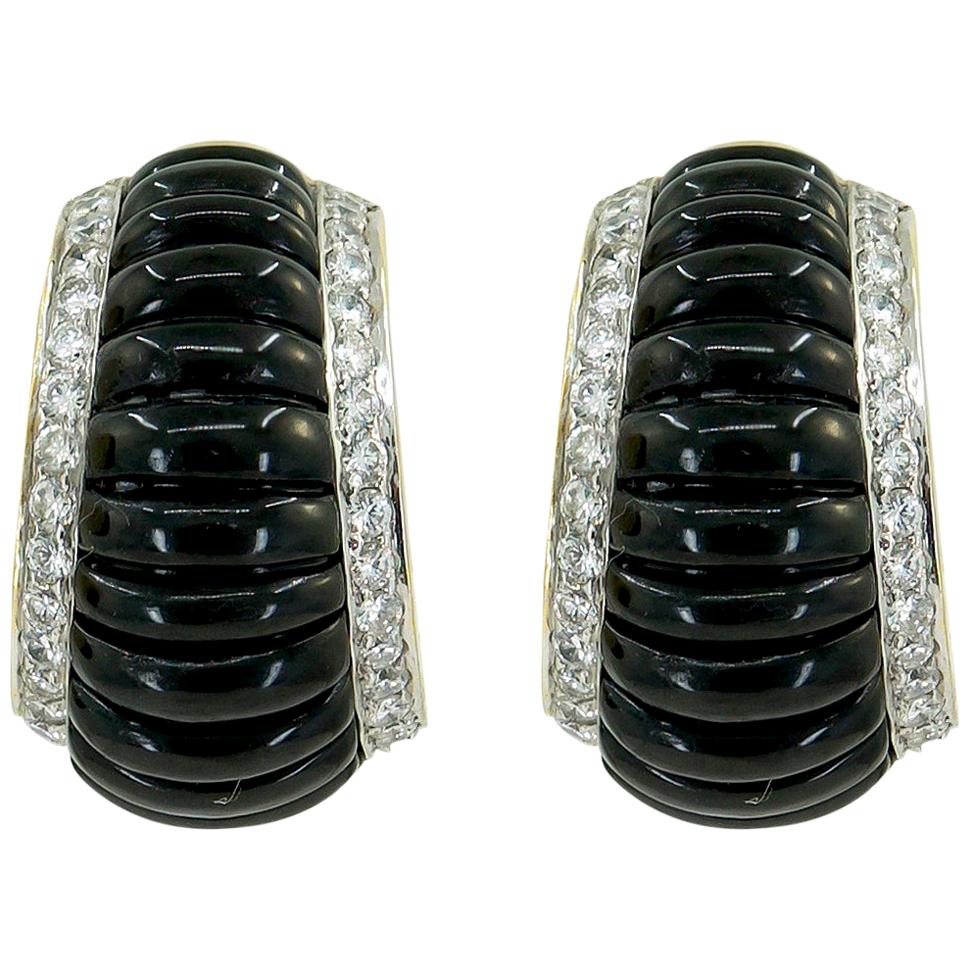Art Deco Style Diamond Onyx Yellow Gold Half Hoop Bombe Earrings For Sale