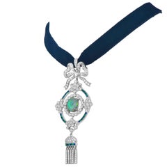 Deco style Opal Diamond Emerald 18K White Gold Pendant Choker