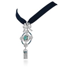 Deco style Opal Diamond Emerald 18K White Gold Pendant Choker