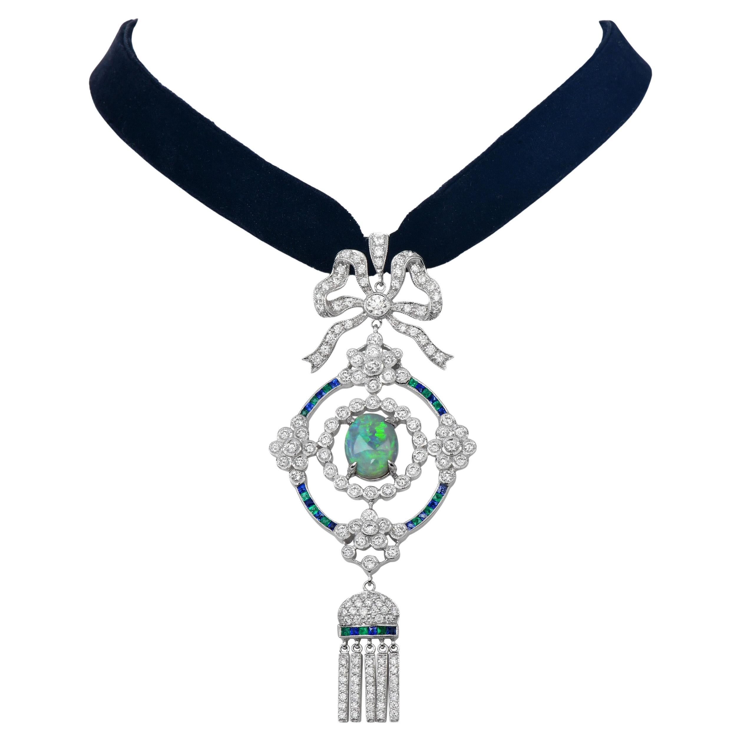 Deco style Opal Diamond Emerald 18K White Gold Pendant Choker For Sale