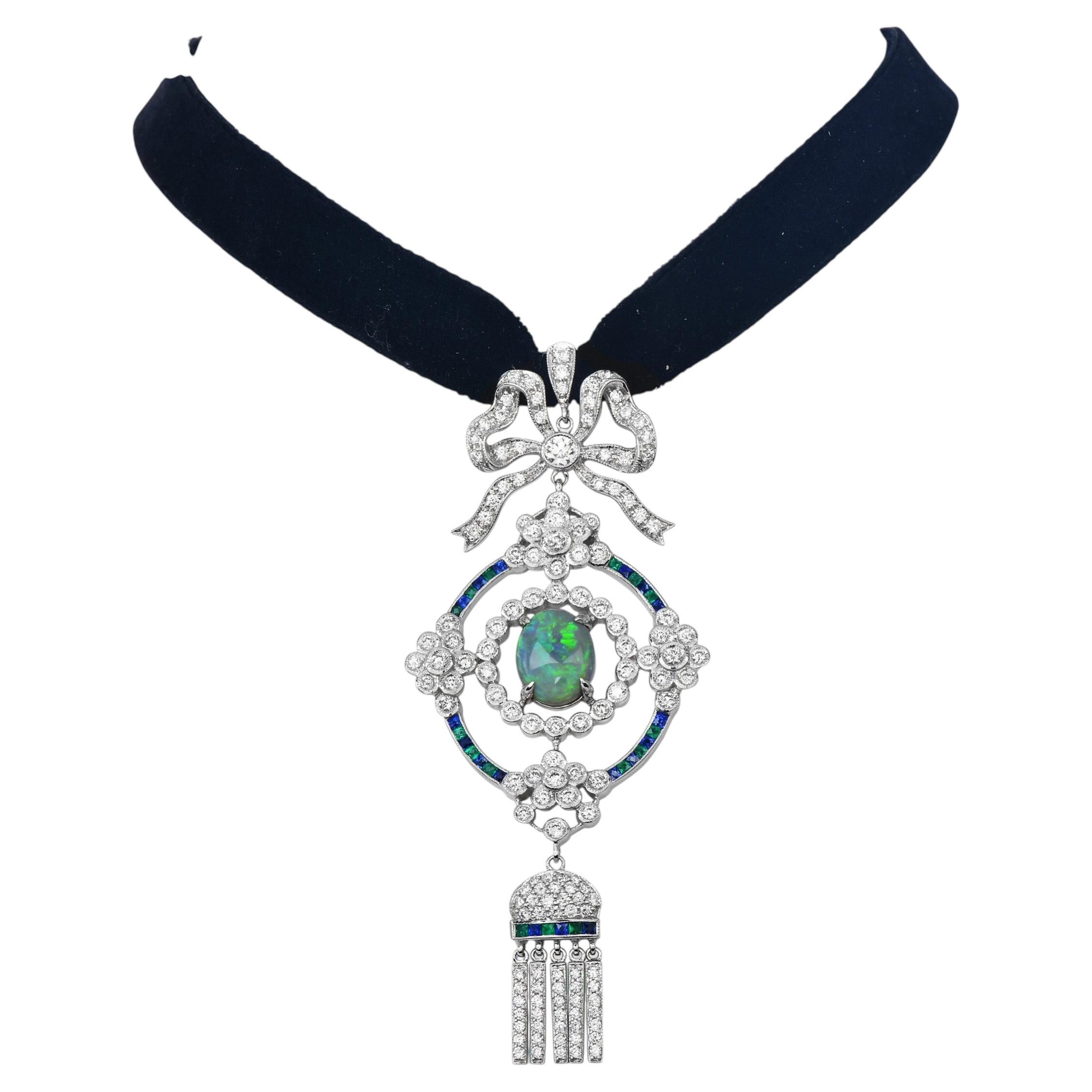 Deco style Opal Diamond Emerald 18K White Gold Pendant Choker For Sale